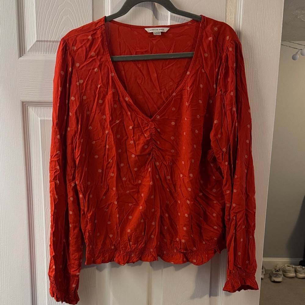 American Eagle Outfitters Red Flower V-Neck Blouse
